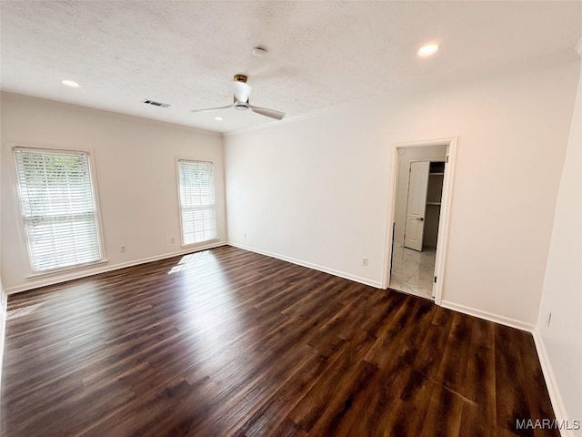 8524 Plantation Ridge Rd, Montgomery, AL 36116 - unfurnished room featuring a ceiling fan, dark wood-type flooring, a textured ceiling, recessed lighting, and ornamental molding