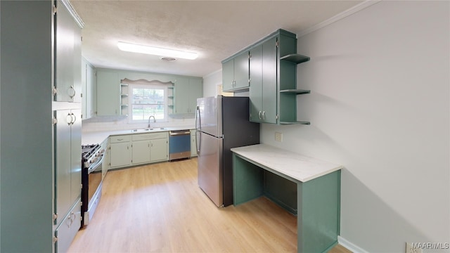 3427 Vance Ln, Montgomery, AL 36109 - kitchen featuring open shelves, appliances with stainless steel finishes, light wood-style floors, decorative backsplash, and light countertops