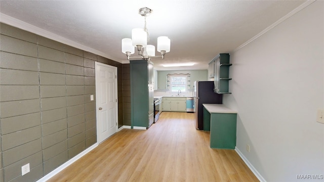 3427 Vance Ln, Montgomery, AL 36109 - kitchen with ornamental molding, a chandelier, light countertops, light wood-style flooring, and green cabinets