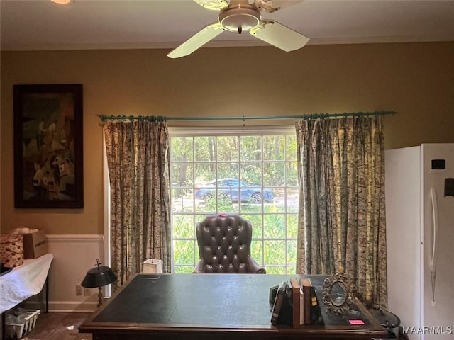 1682 Landline Rd, Selma, AL 36701 - home office featuring ornamental molding, ceiling fan, and wainscoting