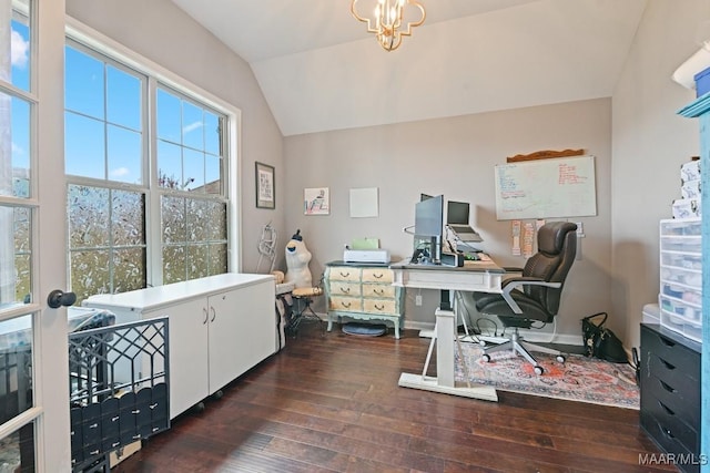 905 Overture Dr, Montgomery, AL 36117 - office area featuring hardwood / wood-style floors, vaulted ceiling, and a chandelier