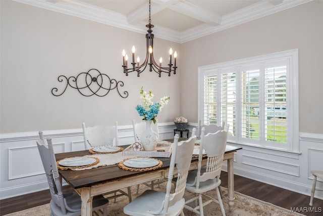 235 Midland Dr, Wetumpka, AL 36093 - dining area with a chandelier, a wainscoted wall, plenty of natural light, wood finished floors, and beam ceiling