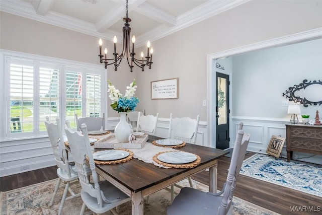 235 Midland Dr, Wetumpka, AL 36093 - dining room with beam ceiling, wood finished floors, a chandelier, coffered ceiling, and crown molding