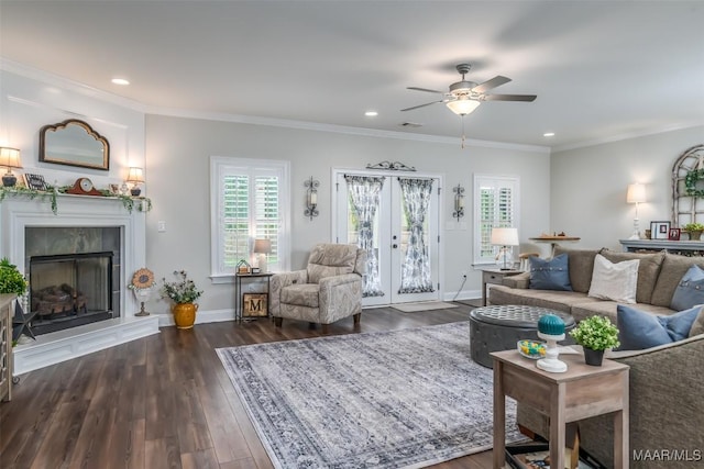235 Midland Dr, Wetumpka, AL 36093 - living area with a tile fireplace, ceiling fan, dark wood-type flooring, french doors, and recessed lighting
