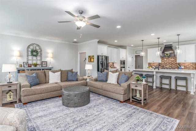 235 Midland Dr, Wetumpka, AL 36093 - living area featuring ceiling fan, crown molding, dark wood-style flooring, and recessed lighting
