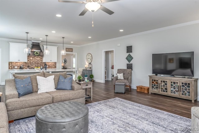 235 Midland Dr, Wetumpka, AL 36093 - living area with dark wood finished floors, crown molding, a ceiling fan, and recessed lighting