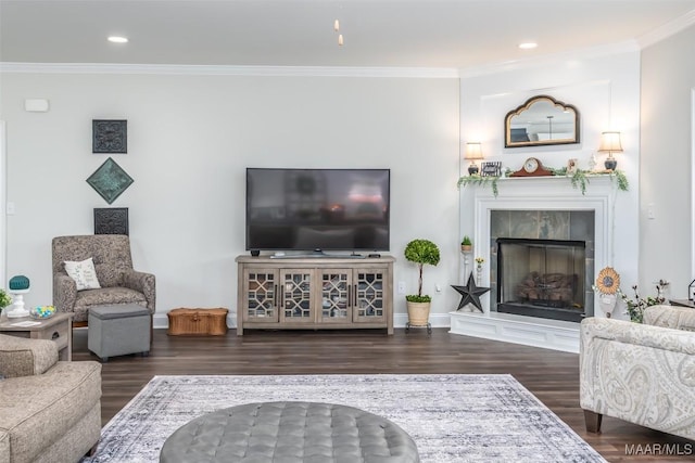235 Midland Dr, Wetumpka, AL 36093 - living room with wood finished floors, ornamental molding, a fireplace, and recessed lighting