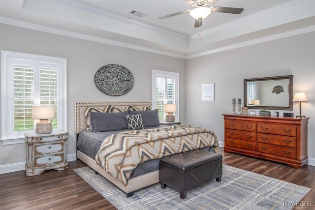 235 Midland Dr, Wetumpka, AL 36093 - bedroom with wood finished floors, a raised ceiling, ornamental molding, and ceiling fan
