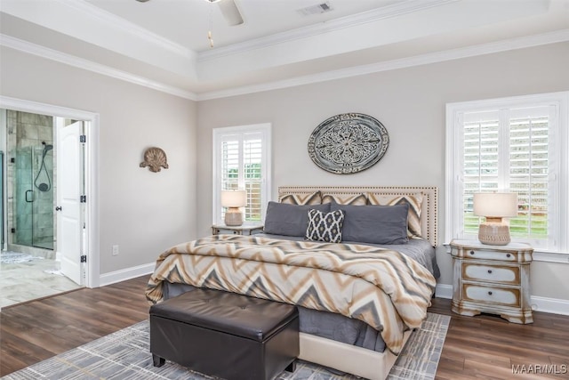 235 Midland Dr, Wetumpka, AL 36093 - bedroom featuring wood finished floors, a raised ceiling, ornamental molding, and ensuite bathroom