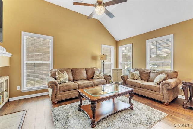 8049 Copperfield Dr, Montgomery, AL 36117 - living room featuring a ceiling fan, wood finished floors, and high vaulted ceiling