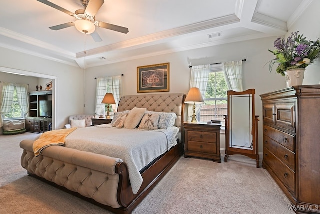 311 Alston Dr, Wetumpka, AL 36093 - bedroom with light colored carpet, crown molding, a tray ceiling, and a ceiling fan