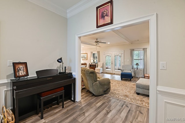 311 Alston Dr, Wetumpka, AL 36093 - living room featuring wood finished floors, crown molding, french doors, ceiling fan, and beam ceiling