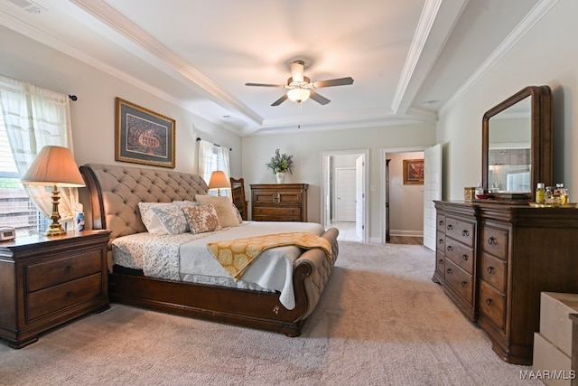 311 Alston Dr, Wetumpka, AL 36093 - bedroom with light carpet, crown molding, a raised ceiling, and a ceiling fan
