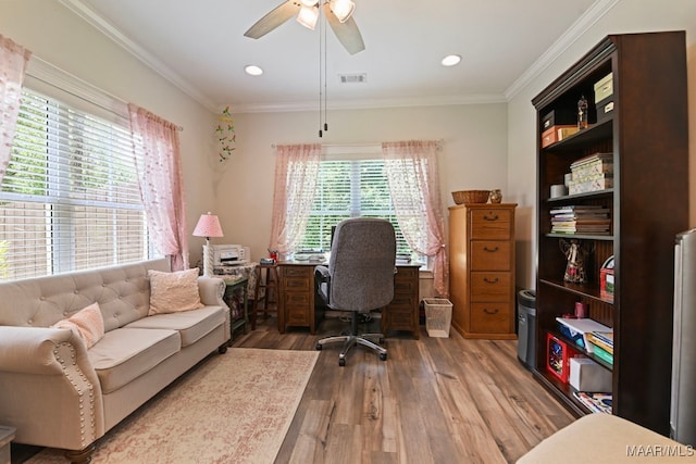 311 Alston Dr, Wetumpka, AL 36093 - office featuring wood finished floors, a ceiling fan, crown molding, and recessed lighting