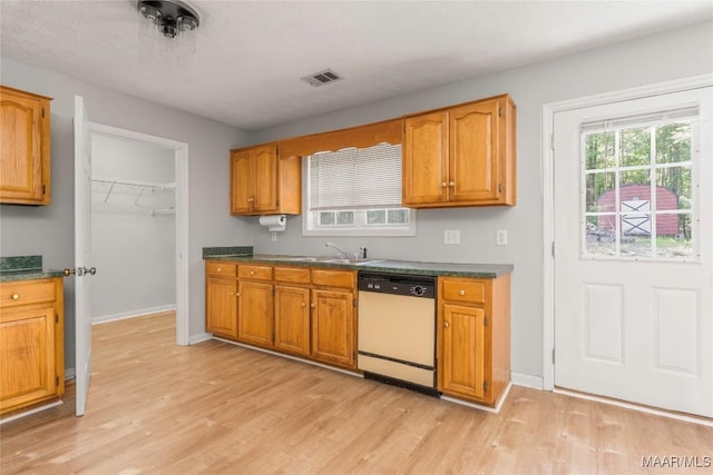 215 Hunters Rd, Eclectic, AL 36024 - kitchen with white dishwasher, light wood-style floors, dark countertops, and brown cabinetry
