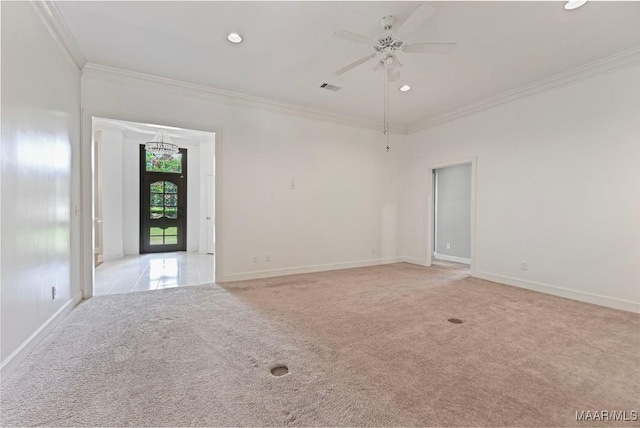 7930 Mossy Oak Dr, Montgomery, AL 36117 - empty room featuring light colored carpet, crown molding, a ceiling fan, and recessed lighting