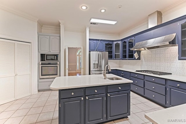 7930 Mossy Oak Dr, Montgomery, AL 36117 - kitchen featuring stainless steel appliances, exhaust hood, ornamental molding, light tile patterned flooring, and tasteful backsplash