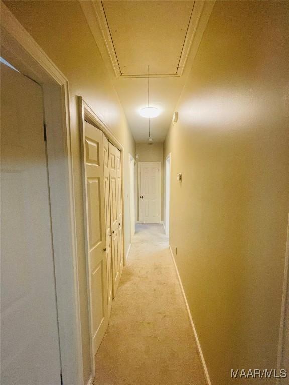 1604 Salisbury Dr, Montgomery, AL 36117 - corridor featuring attic access and light carpet