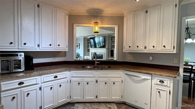 6537 Monmouth Mews, Montgomery, AL 36117 - kitchen with white dishwasher, white cabinets, crown molding, pendant lighting, and marble finish flooring