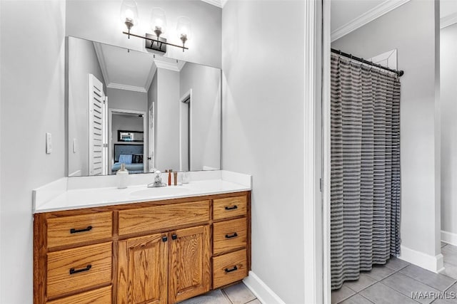 9021 Creek Side Trl, Hope Hull, AL 36043 - full bathroom with ornamental molding, vanity, tile patterned flooring, and a shower with shower curtain