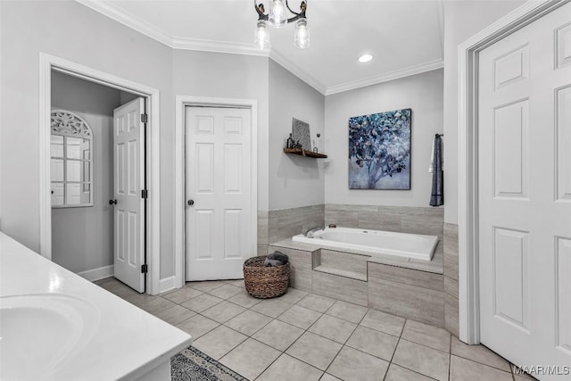 9021 Creek Side Trl, Hope Hull, AL 36043 - full bathroom with a bath, ornamental molding, tile patterned flooring, double vanity, and recessed lighting