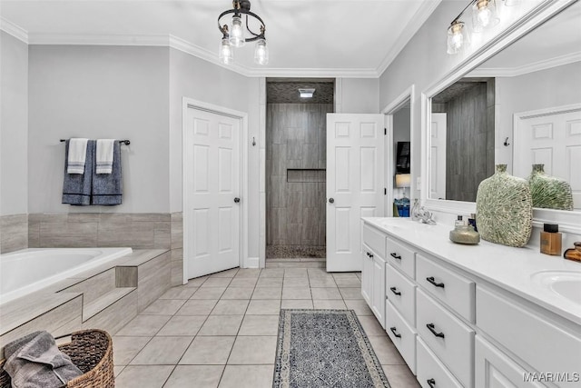 9021 Creek Side Trl, Hope Hull, AL 36043 - full bathroom with a tile shower, double vanity, a garden tub, crown molding, and tile patterned floors