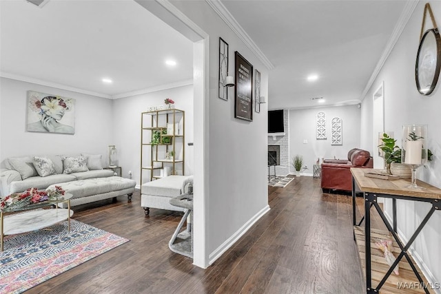 5777 Carriage Barn Ln, Montgomery, AL 36116 - living room with recessed lighting, wood finished floors, ornamental molding, and a fireplace