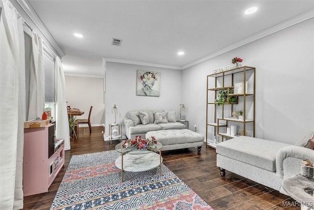 5777 Carriage Barn Ln, Montgomery, AL 36116 - living room featuring dark wood-type flooring, ornamental molding, and recessed lighting