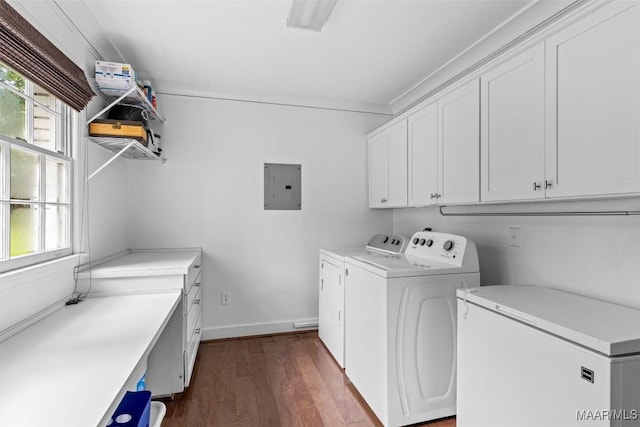 1613 Croom Dr, Montgomery, AL 36106 - washroom featuring electric panel, separate washer and dryer, cabinet space, dark wood-style floors, and plenty of natural light