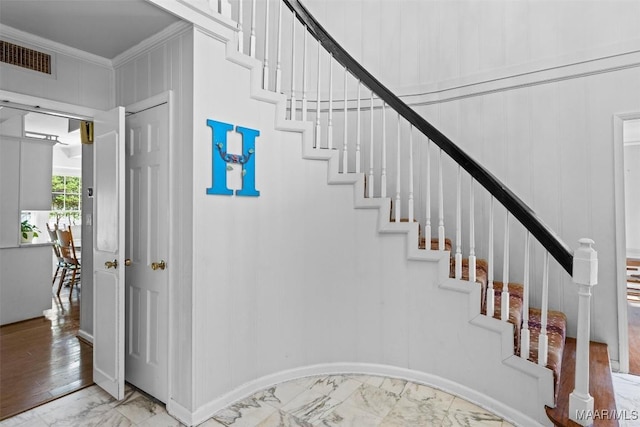 1613 Croom Dr, Montgomery, AL 36106 - staircase featuring marble finish floors and crown molding