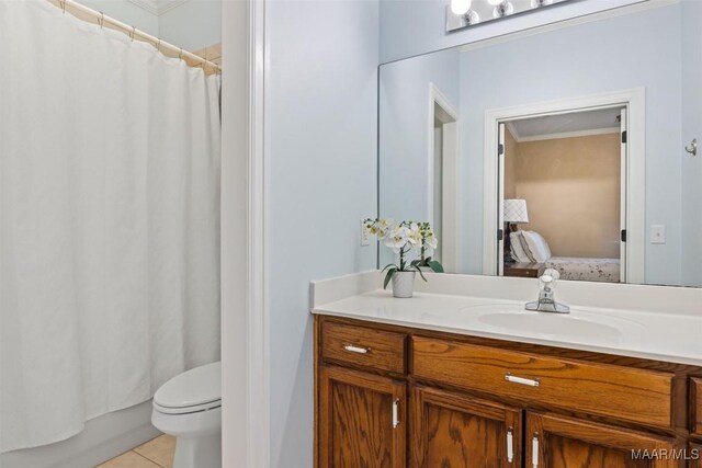 760 Winding Wood Dr, Wetumpka, AL 36093 - bathroom featuring vanity, ensuite bath, tile patterned floors, curtained shower, and crown molding