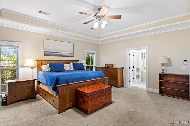 760 Winding Wood Dr, Wetumpka, AL 36093 - bedroom featuring crown molding, light colored carpet, a ceiling fan, and ensuite bath