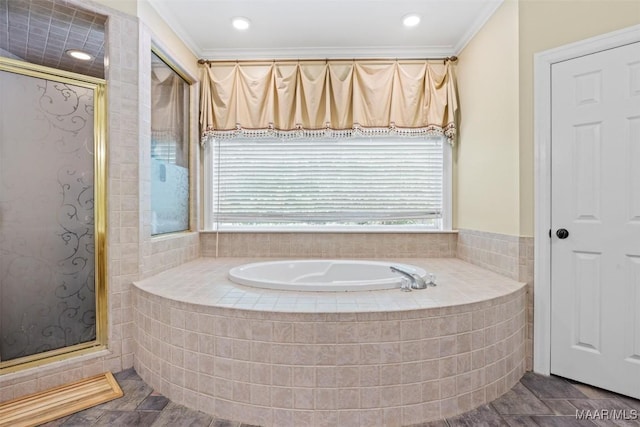 760 Winding Wood Dr, Wetumpka, AL 36093 - full bath with a garden tub, crown molding, a stall shower, healthy amount of natural light, and recessed lighting