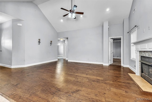 2285 Gathering Way, Prattville, AL 36066 - unfurnished living room featuring high vaulted ceiling, a high end fireplace, a ceiling fan, and wood finished floors