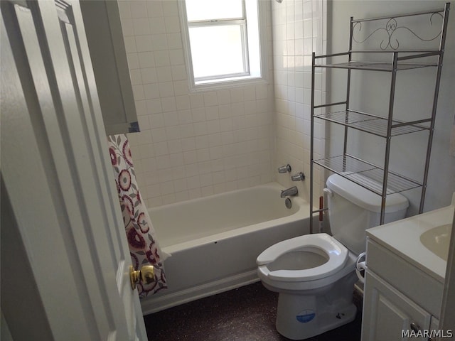 full bathroom with toilet, vanity, and shower / bathtub combination with curtain