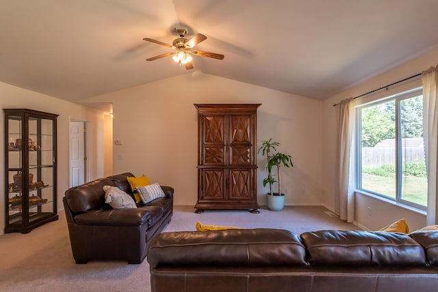 772 Cedar St, Whitefish, MT 59937 - living area featuring light colored carpet, vaulted ceiling, and ceiling fan