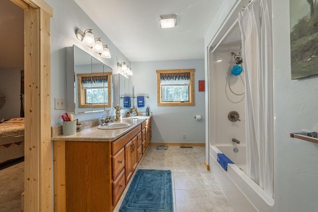 bathroom featuring double sink vanity, tile flooring, and shower / tub combo