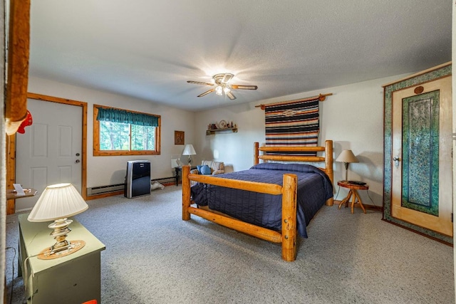 bedroom featuring a baseboard radiator, a textured ceiling, ceiling fan, and light colored carpet