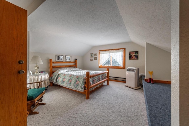 carpeted bedroom with lofted ceiling, a textured ceiling, and a baseboard heating unit