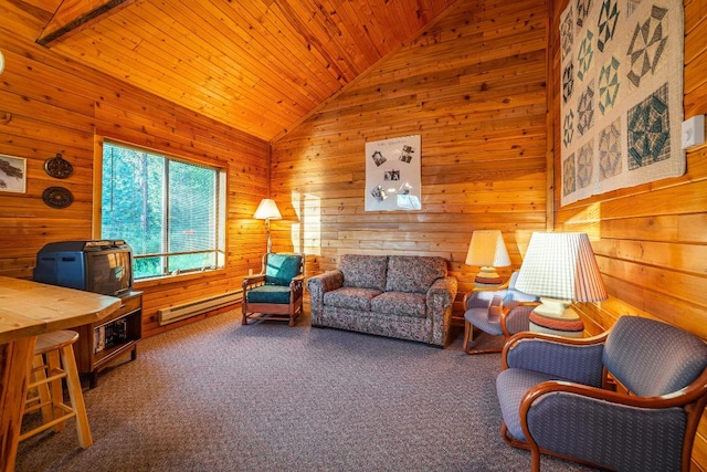 carpeted living room featuring wood ceiling, wooden walls, and a baseboard heating unit