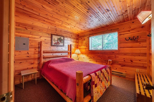 carpeted bedroom with wood ceiling