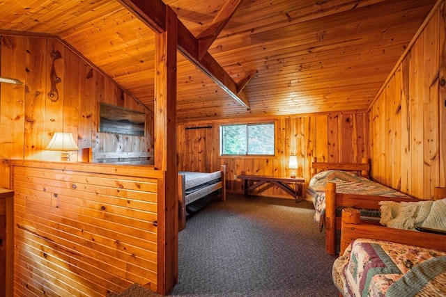 carpeted bedroom with wood ceiling, wood walls, and lofted ceiling