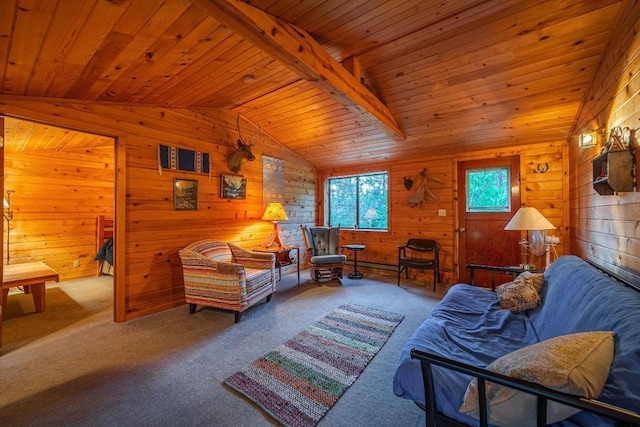 living room featuring carpet flooring, wooden walls, vaulted ceiling with beams, and wooden ceiling