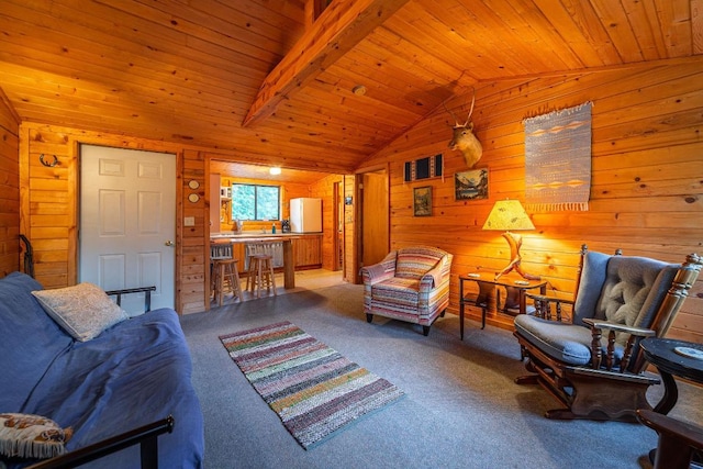 carpeted living room with lofted ceiling with beams, wood ceiling, and wood walls