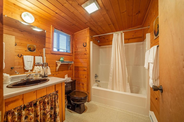 full bathroom featuring vanity, shower / bath combo, tile floors, wooden walls, and wood ceiling