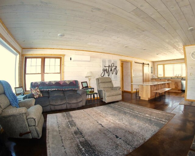 living room featuring a barn door, dark wood-type flooring, a wealth of natural light, and a wall mounted air conditioner