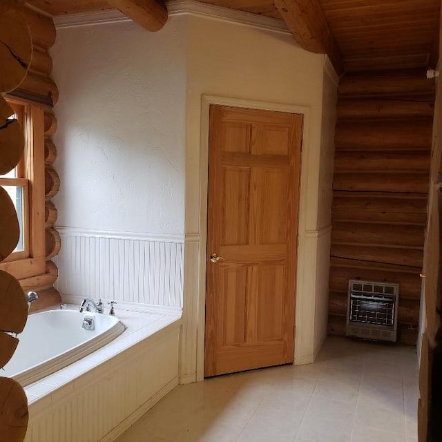 bathroom featuring wood ceiling, ornamental molding, beamed ceiling, tile flooring, and a bathtub