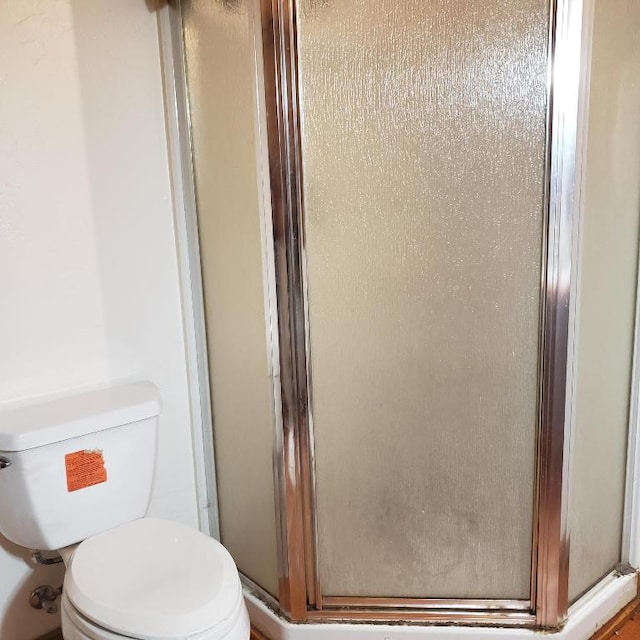 bathroom with a shower with shower door and toilet