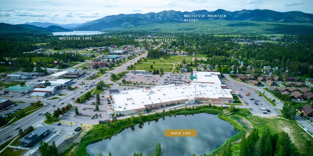 bird's eye view with a water and mountain view