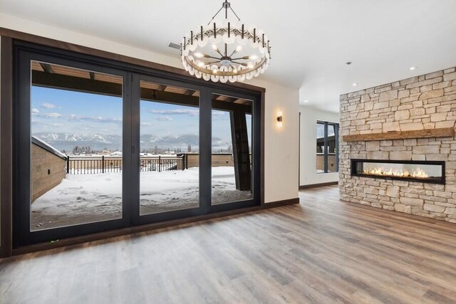 doorway featuring hardwood / wood-style flooring, plenty of natural light, and a stone fireplace